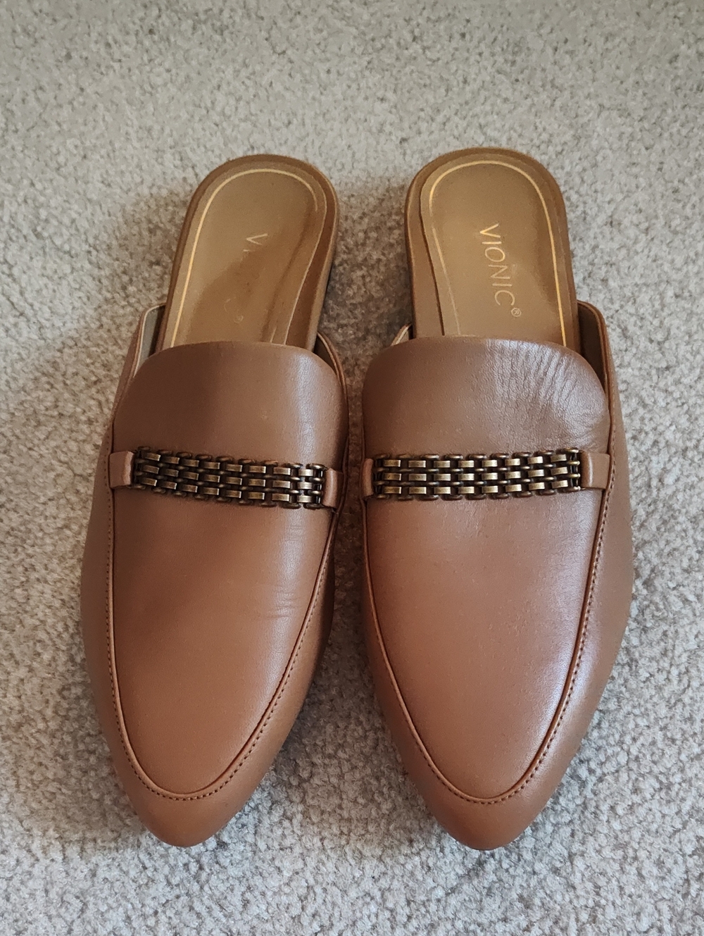 Vionic Tan Leather Slip-On Mules with Chain Accent